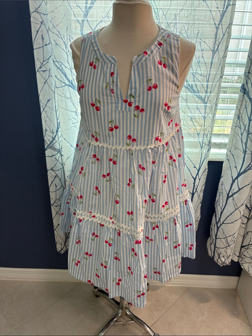 Rachel Zoe Light Blue Stripe Cherry Print Sundress